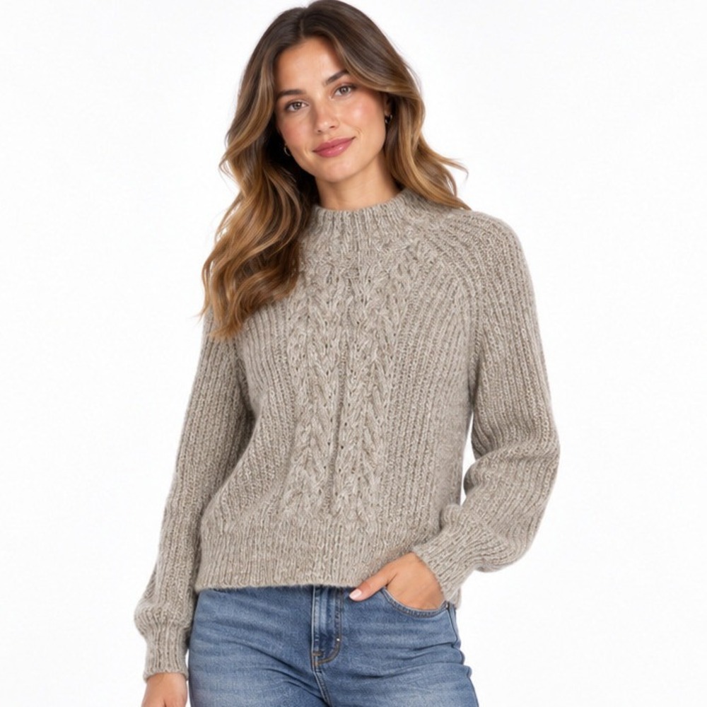 Time and Tru Cable Knit Sweater Womens Medium Beige Mock Neck Pullover